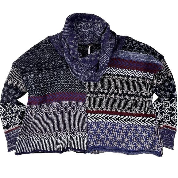 Free People Patchwork Cowl Neck Sweater M | Oversized Fair Isle Boho Knit Grunge - Picture 3 of 15